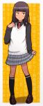  1girl black_hair black_shirt black_socks blunt_bangs brown_footwear closed_mouth clothes_lift collared_shirt dark-skinned_female dark_skin full_body grey_skirt hand_up highres hiramine_akira kneehighs legs_apart lifted_by_self long_sleeves looking_at_viewer miniskirt necktie orange_eyes original pleated_skirt red_necktie school_uniform shadow shirt shoes skirt skirt_lift smile socks solo standing straight_hair sweater_vest translation_request wall_of_text white_sweater_vest 