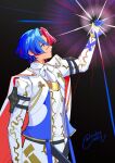  1boy alear_(fire_emblem) alear_(male)_(fire_emblem) ascot blue_gloves blue_hair cape fire_emblem fire_emblem_engage gloves hair_between_eyes highres lamb_(contra_entry) long_sleeves looking_to_the_side male_focus multicolored_hair red_cape red_eyes red_hair short_hair simple_background split-color_hair two-tone_hair white_cape 