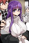  1boy 2girls :t absurdres blunt_bangs blurry blurry_background blush bongfill breasts constricted_pupils cut_bangs dress fern_(sousou_no_frieren) frieren highres large_breasts long_hair looking_at_viewer multiple_girls pout purple_eyes purple_hair red_hair sousou_no_frieren stark_(sousou_no_frieren) straight_hair sweatdrop white_dress 