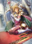  blonde_hair blue_eyes boots breastplate bridle cape cuboon dress elbow_gloves feathers fire_emblem fire_emblem:_seisen_no_keifu fire_emblem:_thracia_776 fire_emblem_cipher gloves hair_feathers hands_clasped horse knee_boots lips nanna_(fire_emblem) official_art own_hands_together pantyhose pelvic_curtain pink_dress platform_footwear red_carpet scabbard sheath sheathed short_hair sitting solo staff statue sword wariza weapon white_gloves white_legwear 