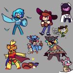 1:1 anthro avian beak bear bird blue_hair blush bodily_fluids cape clothed clothing clover_(undertale_yellow) cowboy_hat dalv_(undertale_yellow) el_bailador_(undertale_yellow) eyewear fangs feathers female flower flowey_the_flower group hair hat headgear headwear hi_res honeydew_shopkeeper_(undertale_yellow) human humanoid limatransy male mammal martlet_(undertale_yellow) mo_(undertale_yellow) money_bag neck_tuft plant poncho procyonid raccoon scarf starlo_(undertale_yellow) sunglasses sweat sweatdrop teeth tongue tongue_out tuft undertale undertale_(series) undertale_yellow vampire