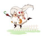  altera_(fate) altera_the_santa brown_eyes candy candy_cane chibi dark_skin fate/grand_order fate_(series) fence food holding lying makishima_azusa mittens on_stomach red_footwear riding sheep short_hair veil white_hair 