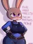 2023 3:4 absurd_res anthro belt big_breasts breasts clothing crossxvii dialogue disney ears_up english_text exclamation_point female fur grey_body grey_fur hands_on_hips hi_res imminent_sex judy_hopps lagomorph leporid long_ears mammal open_mouth pink_nose police_uniform purple_eyes rabbit scut_tail short_tail signature solo tail text thick_thighs uniform wide_hips zootopia