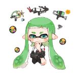  1girl closed_mouth commentary_request green_eyes green_hair highres inkling inkling_girl long_hair myon_rio pointy_ears simple_background solo splash-o-matic_(splatoon) splatoon_(series) splatoon_2 splattershot_(splatoon) splattershot_pro_(splatoon) squiggle sweat tentacle_hair thinking upper_body white_background 