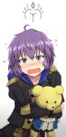  1girl ahoge bernadetta_von_varley blush chromatic_aberration collarbone drawstring fire_emblem fire_emblem:_three_houses furrowed_brow garreg_mach_monastery_uniform gradient_background grey_eyes hair_between_eyes highres hiramine_akira holding holding_stuffed_toy hood hood_down juliet_sleeves long_sleeves looking_at_viewer nose_blush open_mouth puffy_sleeves purple_hair short_hair solo stuffed_animal stuffed_toy sweat teddy_bear wavy_mouth 