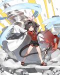  1girl absurdres ahoge black_hair black_horns black_shorts black_tail blue_archive coat collared_shirt demon_horns drill full_body grin hair_intakes highres horns kasumi_(blue_archive) lab_coat long_hair monosenbei open_clothes open_coat red_shirt sandals shirt shirt_tucked_in shorts sleeves_past_fingers sleeves_past_wrists smile solo standing white_coat yellow_eyes 