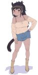  absurdres alternate_costume animal_ears bare_shoulders black_hair blush boots brown_eyes brown_thoroughbred_(kemono_friends) casual cutoff_jeans cutoffs dark_skin denim denim_shorts extra_ears headgear highres horse_ears horse_girl horse_tail kemono_friends kumasyan1998 long_hair long_sleeves looking_at_viewer off-shoulder_shirt off_shoulder shirt short_shorts shorts spaghetti_strap sweater tail white_sweater 
