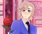  1boy bishounen darycn_art flower genshin_impact grey_hair highres lyney_(genshin_impact) male_focus necktie ouran_high_school_host_club ouran_high_school_uniform purple_eyes rose school_uniform short_hair signature solo suit upper_body 