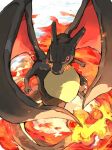  alternate_color animal_focus aomon_(yuuji7604) aura black_skin charizard claws cloud colored_skin commentary_request dragon_wings fire highres horns no_humans pokemon pokemon_(creature) red_eyes shiny_pokemon sparkle tail wings 