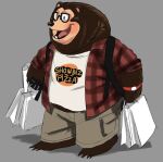 animatronic anthro backpack bear billy_bob_brockali bracelet brown_bear clock clothed clothing creative_engineering_incorporated digital_media_(artwork) english_text eyewear flannel fur glasses grey_background grizzly_bear hi_res jewelry kotobuki529 machine male mammal overweight overweight_male robot shirt shopping shopping_bag showbiz_pizza_place simple_background smile solo text text_on_clothing text_on_shirt text_on_topwear the_rock-afire_explosion topwear ursine watch