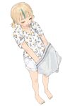  1girl bare_legs barefoot blonde_hair closed_eyes collared_shirt from_above full_body highres mashiro_ka multicolored_hair nail_polish open_mouth original shirt short_twintails shorts sigh solo streaked_hair toenail_polish toenails twintails undressing unworn_sweater white_background white_shorts 