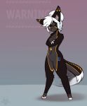  anthro black_fur breasts crossed_arms digitigrade featureless_crotch feline female fur gradient_background hair machine mammal open_mouth robot scorpdk simple_background solo tailwag text warning_(fluff-kevlar) white_hair yellow_eyes 