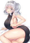  :p aran_sweater areola_slip areolae backless_dress backless_outfit bangs bare_back bare_shoulders bed_sheet black_sweater blue_eyes blush breasts closed_mouth commentary_request dress eyebrows_visible_through_hair hair_between_eyes halterneck kantai_collection kashima_(kantai_collection) large_breasts looking_at_viewer lying meme_attire naked_sweater naughty_face on_side revision ribbed_sweater sideboob silver_hair smile solo sweater sweater_dress thighs tongue tongue_out turtleneck turtleneck_sweater twintails usa_b virgin_killer_sweater wavy_hair white_background 