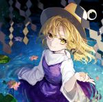  absurdres blonde_hair brown_hat closed_mouth daimaou_ruaeru floating_hair flower hair_ribbon hand_up hat highres light_smile lily_pad looking_at_viewer moriya_suwako petals purple_skirt ribbon shide skirt skirt_set slit_pupils solo touhou tress_ribbon vest wading water wide_sleeves yellow_eyes 