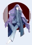  5yuanfreeperson absurdres barefoot blue_eyes blue_hair chinese_clothes highres long_hair male_focus simple_background sitting solo spiritpact veil white_background yang_jinghua 