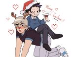  2boys all_fours artist_name black_eyes black_hair blue_sweater blush commentary crossed_arms fake_antlers grin hat heart highres light_brown_hair mafureid male_focus merry_christmas multiple_boys one_eye_closed pinky_out santa_hat scott_pilgrim_(series) scott_pilgrim_takes_off sitting sitting_on_person smile sweater todd_ingram wallace_wells yaoi 