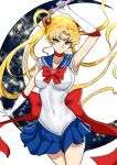  arm_up armpits bishoujo_senshi_sailor_moon blue_eyes choker collarbone covered_navel cowboy_shot crescent_moon cyicheng earrings gloves jewelry long_hair miniskirt moon moon_stick pleated_skirt sailor_collar sailor_moon sailor_senshi_uniform skirt solo tsukino_usagi very_long_hair wand white_background 