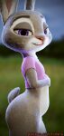 2020 3d_(artwork) anthro belly blurred_background bottomless bottomless_female clothed clothing digital_media_(artwork) disney eyebrows eyelashes female forshu fur grey_body grey_fur hand_on_stomach hi_res judy_hopps lagomorph leporid looking_at_viewer mammal multicolored_body multicolored_fur narrowed_eyes outside partially_clothed pink_clothing pink_nose pink_shirt pink_topwear purple_eyes rabbit raised_clothing raised_shirt raised_topwear rim_light scut_tail seductive shirt short_tail side_view small_waist smile solo standing tail text thick_thighs topwear url vore white_body white_fur wide_hips zootopia