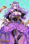  1girl breasts camilla_(alluring_darkness)_(fire_emblem) camilla_(fire_emblem) cleavage crown fake_horns fire_emblem fire_emblem_fates fire_emblem_heroes hand_on_own_chest highres horns kakiko210 large_breasts long_hair looking_at_viewer official_alternate_costume open_mouth purple_eyes purple_hair smile solo wavy_hair 