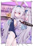  1girl absurdres animal_ears azur_lane blue_leotard breasts champagne_flute closed_mouth commentary crossed_bangs cup drinking_glass fake_animal_ears fake_tail grey_hair hair_between_eyes highleg highleg_leotard highres holding holding_tray laffey_(azur_lane) laffey_ii_(azur_lane) laffey_ii_(sleepy_on_a_busy_day)_(azur_lane) leotard long_hair long_sleeves looking_at_viewer manjuu_(azur_lane) official_alternate_costume pantyhose playboy_bunny rabbit_ears rabbit_tail red_eyes rnekon215 small_breasts solo strapless strapless_leotard symbol-only_commentary tail tray twintails very_long_hair white_pantyhose 