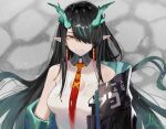  1girl arknights bare_shoulders black_hair black_jacket breasts cleavage dragon_girl dragon_horns dress dusk_(arknights) earrings green_hair grey_background hair_over_one_eye horns jacket jewelry long_sleeves looking_at_viewer medium_breasts multicolored_hair necktie nitrouzs one_eye_covered pointy_ears red_necktie signature simple_background sleeveless sleeveless_dress smile solo streaked_hair tassel tassel_earrings upper_body yellow_eyes 