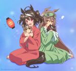  2girls :d ahoge animal_ears blue_background blush brown_eyes brown_hair character_doll dress ear_ornament green_dress hair_between_eyes hair_ornament horse_ears horse_girl horse_tail japanese_clothes kimono kitasan_black_(umamusume) lantern long_hair long_sleeves mask mask_on_head multicolored_hair multiple_girls open_mouth red_kimono satono_diamond_(umamusume) simple_background sitting sleep_mask sleeves_past_fingers sleeves_past_wrists smile streaked_hair tail tsuji_tomoko twitter_username two_side_up umamusume very_long_hair 