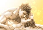  1boy 1girl bed_sheet berserk boy_on_top casca_(berserk) closed_eyes commentary guts_(berserk) holding_hands kame_(jeycobsry) kiss looking_at_another partially_colored pointy_ears profile short_hair simple_background smile spiked_hair upper_body yellow_background 