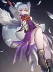  1girl ass black_footwear blush boots closed_mouth dress feathered_wings full_body grey_hair hair_between_eyes highres jacket kishin_sagume long_sleeves open_clothes open_jacket purple_dress red_eyes shishui_guima short_hair single_wing solo touhou white_jacket white_wings wings 