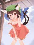  1girl adapted_costume animal_ear_fluff animal_ear_piercing animal_ears bare_arms bare_shoulders bent_over blush brown_eyes brown_hair cat_ears cat_tail chen cloud collarbone commentary_request cumulonimbus_cloud day dress earrings feet_out_of_frame flat_chest frills green_headwear hand_up hat hidanomura highres jewelry mob_cap multiple_tails nekomata open_mouth outdoors petite petticoat red_dress short_hair single_earring solo standing strap_slip tail touhou two_tails 