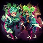  1boy 1girl akuserusama bandaid bandaid_on_face belt blue_jacket bodysuit boku_no_hero_academia brown_eyes brown_gloves brown_pants clenched_teeth electricity eyes_in_shadow fighting_stance fingerless_gloves gloves glowing glowing_hair green_bodysuit green_eyes green_hair gun highres jacket knee_pads league_of_legends lightning_bolt_symbol messy_hair midoriya_izuku open_clothes open_jacket pants parted_bangs red_footwear short_hair tank_top teeth toeless_footwear twintails weapon white_gloves yellow_tank_top zeri_(league_of_legends) 