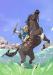  1boy blonde_hair blush boots bridle champion&#039;s_tunic_(zelda) gloves holding holding_reins holding_sword holding_weapon horseback_riding link mdf_an no_eyes open_mouth pointy_ears rearing reins riding saddle shield shield_on_back sketch stirrups_(riding) sword the_legend_of_zelda weapon 