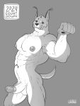 3:4 5_fingers abs absurd_res anthro areola balls biped caracal caracal_(genus) countershade_arms countershade_tail countershade_torso countershading erection felid feline fingers genitals glans hi_res humanoid_genitalia humanoid_penis male mammal monochrome muscular muscular_anthro muscular_male nipples pecs penis solo tail vein veiny_penis wadaji