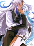  1boy 1girl ackrose ahoge artist_name ascot blue_ascot blue_brooch blue_hair blush closed_mouth cowboy_shot furina_(genshin_impact) genshin_impact gloves hair_between_eyes highres light_blue_hair long_hair long_sleeves neuvillette_(genshin_impact) one_eye_closed parted_lips pointy_ears shorts sidelocks signature simple_background smile white_ascot white_background white_gloves white_hair white_shorts 