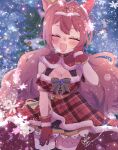  1girl :d artist_name black_thighhighs bow breasts brooch christmas cleavage_cutout closed_eyes clothing_cutout daiwa_scarlet_(scarlet_nuit_etoile)_(umamusume) daiwa_scarlet_(umamusume) detached_sleeves dress dress_bow eno_(xx1229) facing_viewer fang fur-trimmed_dress fur_trim gloves hair_intakes hand_in_own_hair hand_on_own_thigh highres horse_girl jewelry large_breasts leaning_forward light_particles long_hair night official_alternate_costume official_alternate_hairstyle open_mouth plaid plaid_dress puffy_detached_sleeves puffy_sleeves red_dress red_gloves short_dress signature sleeveless sleeveless_dress smile snowflakes snowing solo standing thighhighs tiara umamusume 