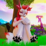 1:1 3d_(artwork) absurd_res anthro blender_(software) blender_eevee canid canine digital_media_(artwork) elisasharky_(artist) epic_games female fortnite fox genitals grass hi_res holding_both_legs huge_filesize kimiko_five_tails looking_at_viewer mammal multi_tail outdoor_nudity outside pawpads paws plant presenting pussy raised_paw sitting solo tail