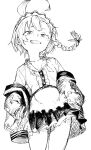  1girl absurdres ahoge blue_archive braid clenched_teeth collarbone flat_chest greyscale hands_in_pockets hayashi_itsuki highres jacket looking_at_viewer maid maid_headdress mole mole_under_eye monochrome neru_(blue_archive) shirt simple_background single_braid skirt smile solo teeth white_background 