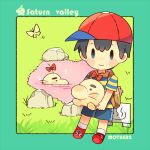  0mzum1 1boy backpack bag baseball_cap black_hair blue_eyes blue_shirt blue_shorts blush border bow brown_bag bubble bug butterfly closed_mouth commentary_request copyright_name doseisan grass green_border hair_between_eyes hat holding male_focus mother_(game) mother_2 ness_(mother_2) onsen_symbol outside_border partially_submerged red_bow red_footwear red_headwear rock shirt shoes short_hair short_sleeves shorts sideways_hat sign smile socks striped striped_shirt t-shirt two-tone_shirt white_socks yellow_butterfly yellow_shirt 