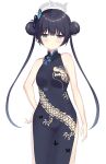  1girl absurdres bare_shoulders black_dress black_hair blue_archive blunt_bangs blush braid braided_bun breasts butterfly_hair_ornament china_dress chinese_clothes closed_mouth double_bun dragon_print dress expressionless feet_out_of_frame grey_eyes grey_halo hair_bun hair_ornament halo highres kisaki_(blue_archive) long_hair looking_at_viewer pelvic_curtain print_dress side_slit simple_background sleeveless sleeveless_dress small_breasts solo standing twintails white_background yunikawanade 