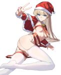  1girl areola_slip blonde_hair blue_archive blue_eyes blush bound breasts christmas covered_nipples deatheach fur-trimmed_headwear fur_trim garter_straps hat highres long_hair looking_at_viewer medium_breasts naked_ribbon navel panties red_headwear red_ribbon ribbon ribbon_bondage sack santa_hat simple_background solo thighhighs toki_(blue_archive) underwear v white_background white_panties white_thighhighs wrapped_up 