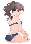  1girl alternate_hairstyle ass back bare_shoulders bikini blue_bikini breasts brown_eyes brown_hair from_behind idolmaster idolmaster_million_live! idolmaster_million_live!_theater_days kitazawa_shiho long_hair looking_at_viewer looking_back medium_breasts parted_lips ponytail shirop_imas simple_background solo swimsuit wet white_background 