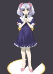  1girl blue_dress commentary_request dress grey_background grey_hair hair_ribbon high_heels highres hoshino_ruri kidou_senkan_nadesico long_hair looking_at_viewer microphone music ojipon pink_footwear pink_ribbon pumps ribbon singing solo spotlight twintails yellow_eyes 