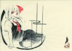  1girl arm_support ascot black_skirt bob_cut bow collared_shirt commentary_request greyscale hair_bow highres ink_(medium) ink_wash_painting looking_at_viewer monochrome red_ascot red_bow red_eyes rumia shirt short_hair short_sleeves sitting skirt spot_color takaharuti touhou traditional_media vest yokozuwari 