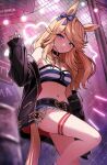  1girl animal_ears bandeau bare_shoulders belt black_choker black_jacket blonde_hair blue_eyes blue_shorts breasts choker cleavage crop_top cutoffs denim denim_shorts ear_ribbon gold_city_(umamusume) hand_up horse_ears iro_178 jacket long_hair long_sleeves looking_at_viewer medium_breasts micro_shorts midriff navel off_shoulder open_clothes open_jacket parted_lips short_shorts shorts solo stomach strapless striped thigh_strap thighs tube_top umamusume 