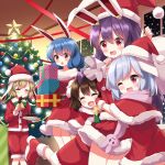  5girls ;d animal_ears belt belt_buckle black_belt blue_hair boots box breasts brown_hair buckle capelet christmas christmas_ornaments christmas_tree cleavage collarbone commentary_request dress eating food fur-trimmed_capelet fur-trimmed_headwear fur-trimmed_shorts fur_trim gift gift_box hair_between_eyes hat highres holding holding_food holding_gift holding_sack inaba_tewi indoors light_brown_hair medium_breasts multiple_girls off-shoulder_dress off_shoulder one_eye_closed purple_eyes rabbit_ears red_capelet red_dress red_eyes red_footwear red_headwear red_shorts reisen_(touhou_bougetsushou) reisen_udongein_inaba ringo_(touhou) ruu_(tksymkw) sack santa_costume santa_hat seiran_(touhou) shorts smile snowing star_(symbol) touhou 