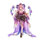  1girl anbe_yoshirou blush breasts cleavage curled_horns fire_emblem fire_emblem_heroes floating floating_object frilled_sleeves frills fur_trim gloves goat_horns hair_ornament horns large_breasts long_hair looking_at_viewer multicolored_hair nerthuz_(fire_emblem) nerthuz_(new_year)_(fire_emblem) official_art origami paper_crane pink_hair ponytail purple_eyes second-party_source solo two-tone_hair very_long_hair 