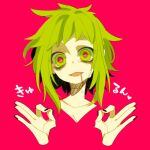  1girl @_@ alternate_hairstyle bad_id bad_pixiv_id bags_under_eyes black_nails crazy_eyes crazy_smile disembodied_head disembodied_limb drooling green_eyes gumi haru_(oomr005) heart messy_hair pink_background pink_pupils simple_background smile solo tears translation_request vocaloid yandere 