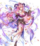  1girl anbe_yoshirou blush breasts cleavage confetti curled_horns fire_emblem fire_emblem_heroes floating floating_object frilled_sleeves frills fur_trim gloves goat_horns hair_ornament highres horns large_breasts long_hair looking_to_the_side multicolored_hair nerthuz_(fire_emblem) nerthuz_(new_year)_(fire_emblem) non-web_source official_art origami paper_crane pink_hair ponytail purple_eyes solo third-party_source two-tone_hair very_long_hair 