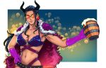  1girl alcohol beer belt black_horns cape ellie_mehl english_commentary fur_cape gloves hand_on_own_hip highres holding horns light_smile looking_at_viewer low_ponytail nico_robin one_piece ponytail purple_cape purple_gloves sidelocks simple_background solo sunglasses swimsuit upper_body 