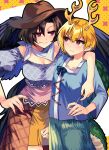  2girls aqua_skirt bandana black_hair black_wings blonde_hair blue_shirt breasts brown_headwear cleavage cowboy_hat dragon_girl dragon_tail dress fang feathered_wings green_scales green_tail hand_on_another&#039;s_shoulder hand_on_own_hip hat highres katayama_kei kicchou_yachie kurokoma_saki long_sleeves multicolored_clothes multicolored_dress multiple_girls off-shoulder_shirt off_shoulder overskirt plaid plaid_shirt puffy_long_sleeves puffy_sleeves red_eyes scales shirt skirt smile tail touhou turtle_shell white_bandana wings yuri 