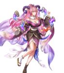  1girl anbe_yoshirou blush breasts cleavage curled_horns fire_emblem fire_emblem_heroes floating floating_object frilled_sleeves frills fur_trim gloves goat_horns hair_ornament highres horns large_breasts long_hair looking_to_the_side multicolored_hair nerthuz_(fire_emblem) nerthuz_(new_year)_(fire_emblem) non-web_source official_art origami paper_crane pink_hair ponytail purple_eyes second-party_source solo two-tone_hair very_long_hair 